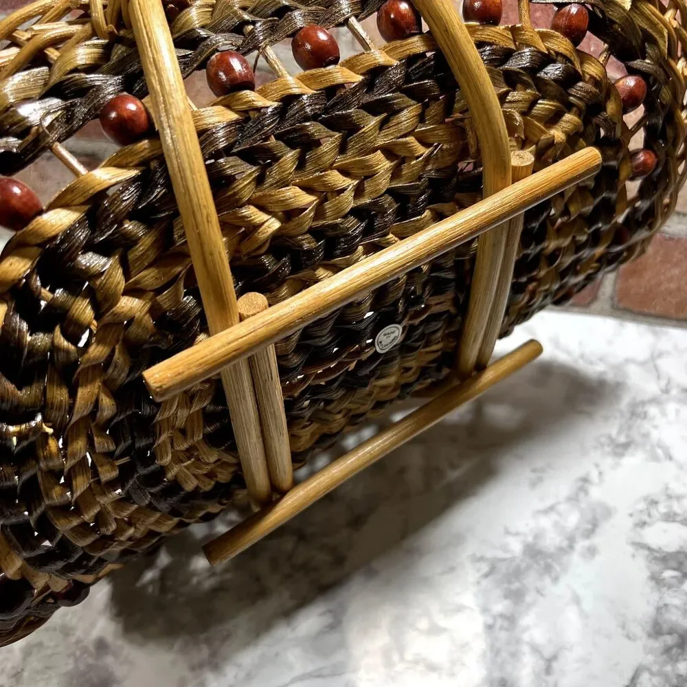 Vintage Gathering Basket With Wooden Beads | Wicker Magazine RacK | Towel Basket
